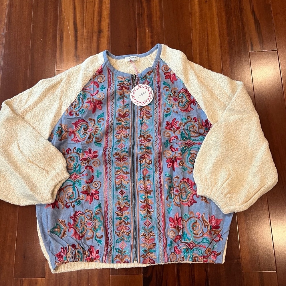 Umgee omber Shacket Jacket Blue Teddy Embroidered Boho Sweater Knit Size Large